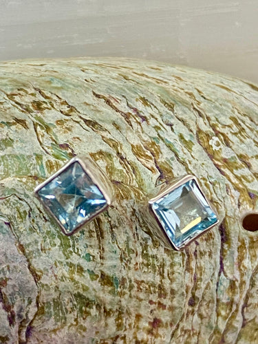Facet Square Stud Earrings Blue Topaz – sterling silver handmade by Emma Wardle