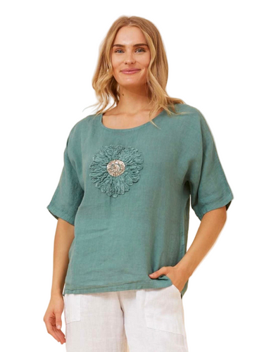 Floral Patchwork Linen Top in Tiffany Blue with sequin and ribbon detail – Berry Lush Designs.”