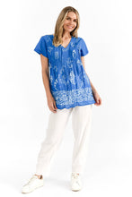 Load image into Gallery viewer, Kayla Cotton Blouse - Coral Border Cobalt