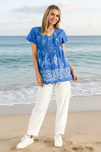 Load image into Gallery viewer, Kayla Cotton Blouse - Coral Border Cobalt