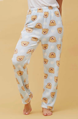 Bear Print Plush Pyjama Pants - Light Blue