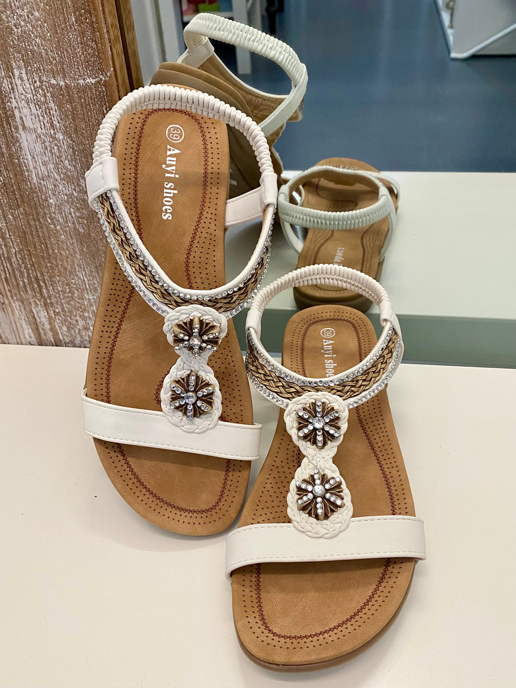 White Beaded Flat Sandals