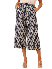 7/8 Printed Wide Leg Pants - Navy Feather
