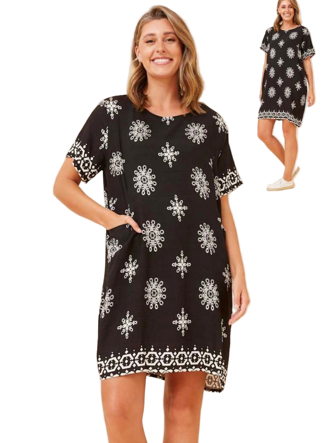 Printed Shift Dress - Black