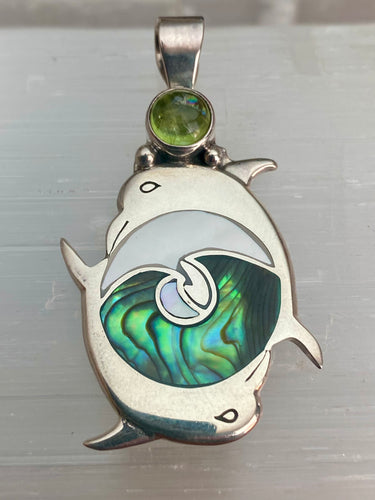 Double Dolphin Wave Sterling Silver Pendant - Paua, Mother of Pearl & Peridot