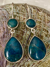 Load image into Gallery viewer, Handcrafted sterling silver Apatite two-stone drop earrings by Emma Wardle.