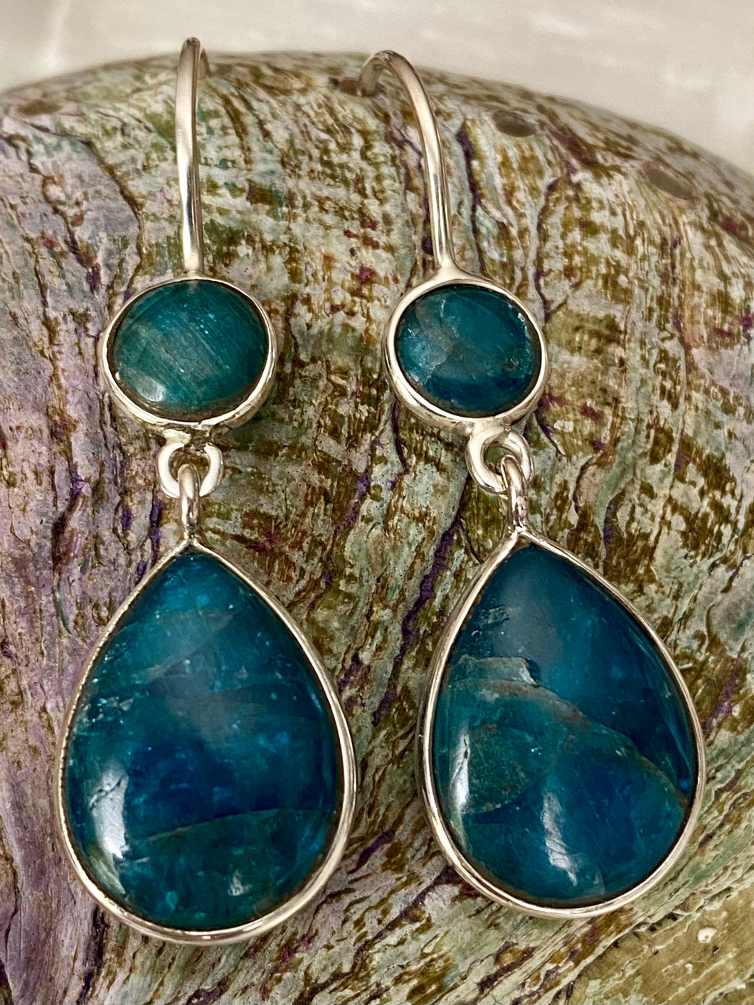 Handcrafted sterling silver Apatite two-stone drop earrings by Emma Wardle.