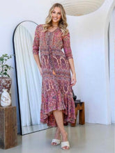Load image into Gallery viewer, Hannah Maxi Dress – silk blend boho maxi with frilled hem and tassel tie waist.”
