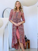 Load image into Gallery viewer, Hannah Maxi Dress – silk blend boho maxi with frilled hem and tassel tie waist.”