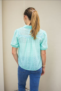 Fine Cotton Embroidery Short Sleeve Shirt - Aqua