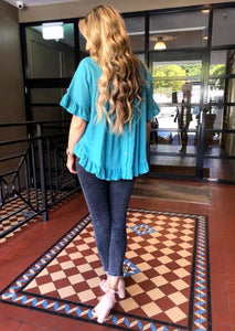 Linen Frill Hem Loose Top - Turquoise