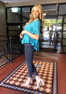 Linen Frill Hem Loose Top - Turquoise