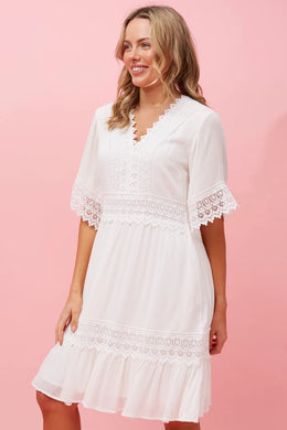 Layla  Lace Trim Dress -White