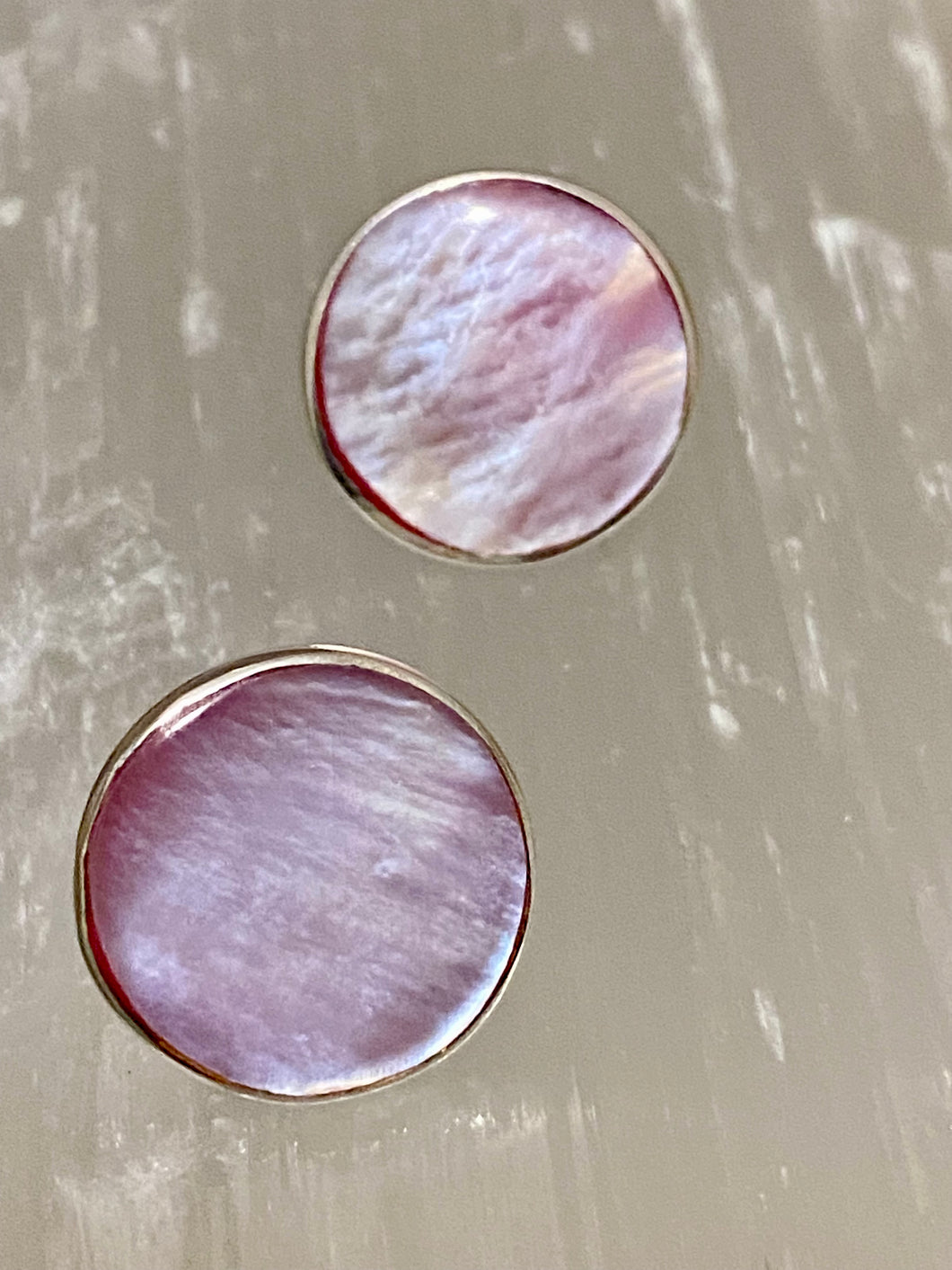 Pink Mother of Pearl shell stud earrings in sterling silver – handmade by Emma Wardle.