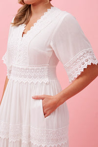 Tiered  Lace Trim Maxi  Dress - White