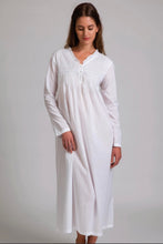 Load image into Gallery viewer, Arabella Long Sleeve Nightie White – front view with lace and pintuck detail