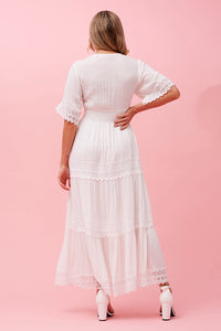 Tiered  Lace Trim Maxi  Dress - White