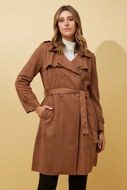 Faux Suede Trench Coat - Camel