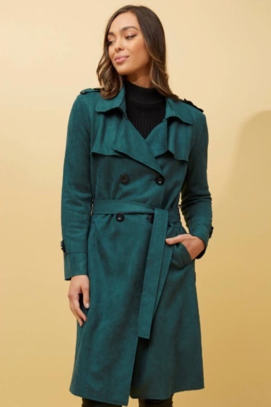 Faux Suede Trench Coat -Green