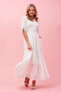 Tiered  Lace Trim Maxi  Dress - White