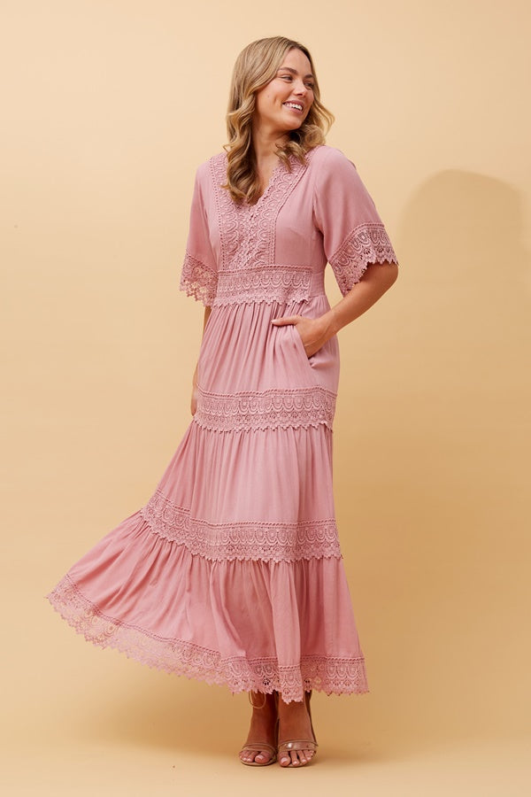 Tiered  Lace Trim Maxi  Dress - Musk Pink