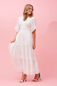 Tiered  Lace Trim Maxi  Dress - White