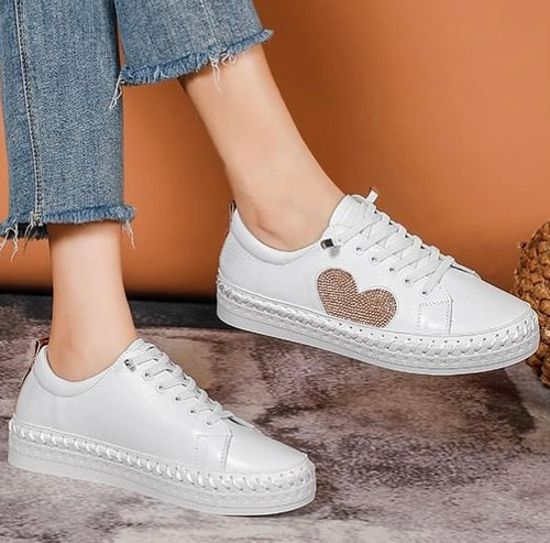 Lav-Ish Genuine Leather Laceup Sneakers with Rose Gold Crystal