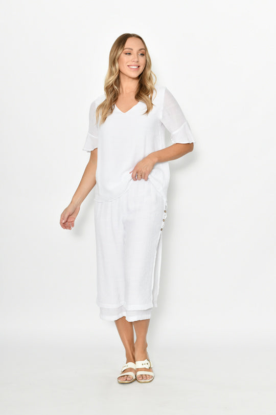 3/4 Side Button Layered Beach Pant-White