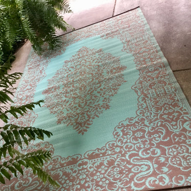 Istanbul Bronze And Aqua Traditional Recycled Plastic Outdoor Rug
