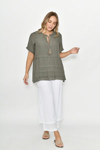Front Tie Pleated Layered Top - Khaki